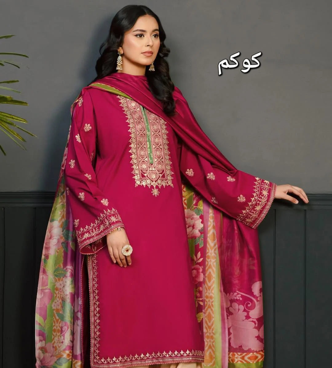 KOKUM - UNSTITCHED 3PC DHANAK EMBROIDERED SUIT 004